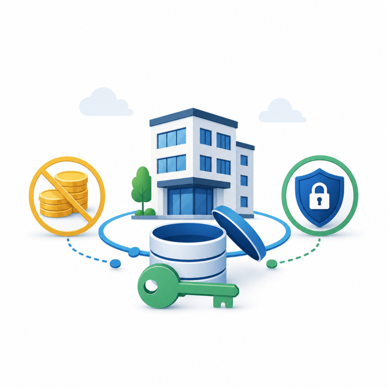 Schéma illustrant une PME centralisant ses données dans une plateforme open source, avec des éléments symbolisant la réduction des coûts, la suppression des licences logicielles et le contrôle total des données, le tout dans une composition aérée avec des couleurs vives et un contraste marqué.