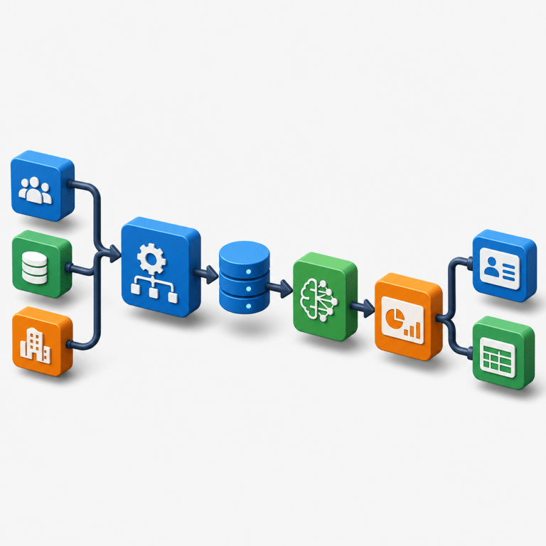 Diagramme illustrant une architecture modulaire open source pour la BI en PME, présentant des blocs interconnectés représentant un ETL open source, un moteur de reporting, une couche machine learning, et des connecteurs variés, dans une composition équilibrée et claire.