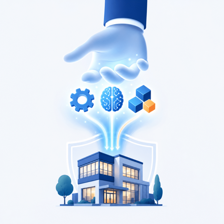 Illustration symbolique montrant une PME accompagnée par un expert data déployant rapidement des innovations open source, représentées par des icônes stylisées d’automatisation et d’intelligence artificielle intégrées dans un environnement sécurisé.
