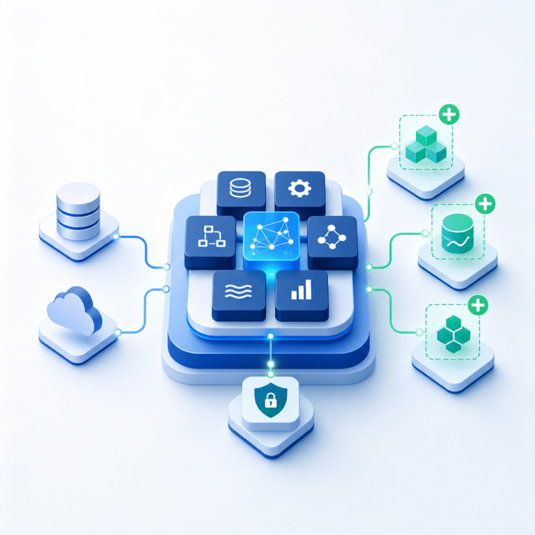 Illustration représentant une architecture modulaire et évolutive pour une plateforme data, avec une structure de blocs technologiques interconnectés, mettant en avant l’interopérabilité, la modularité et la scalabilité horizontale, présentée sous forme de schéma clair sur fond épuré.