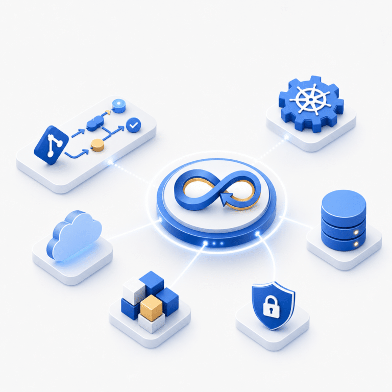 Illustration montrant un écosystème open source pour une plateforme data avec des icônes stylisées de technologies comme Kubernetes, PostgreSQL, et GitOps, représentées comme des composants interchangeables formant un ensemble cohérent, sur fond clair avec un contraste marqué.