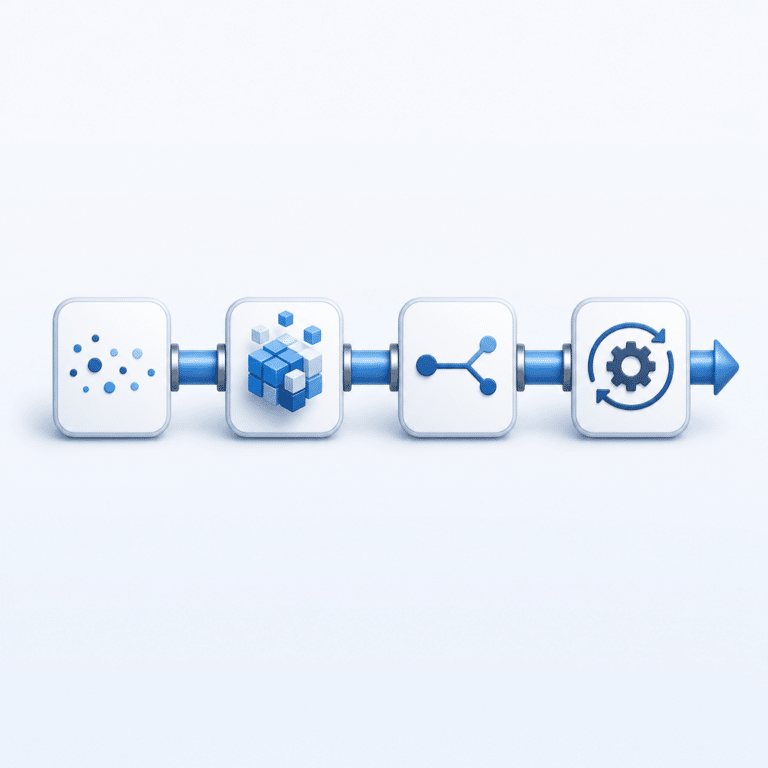 Illustration d’un pipeline de données moderne composé de micro-services stylisés connectés, illustrant la progression d’un prototype rapide vers une plateforme data industrialisée avec différentes étapes clairement identifiées visuellement et un design épuré.