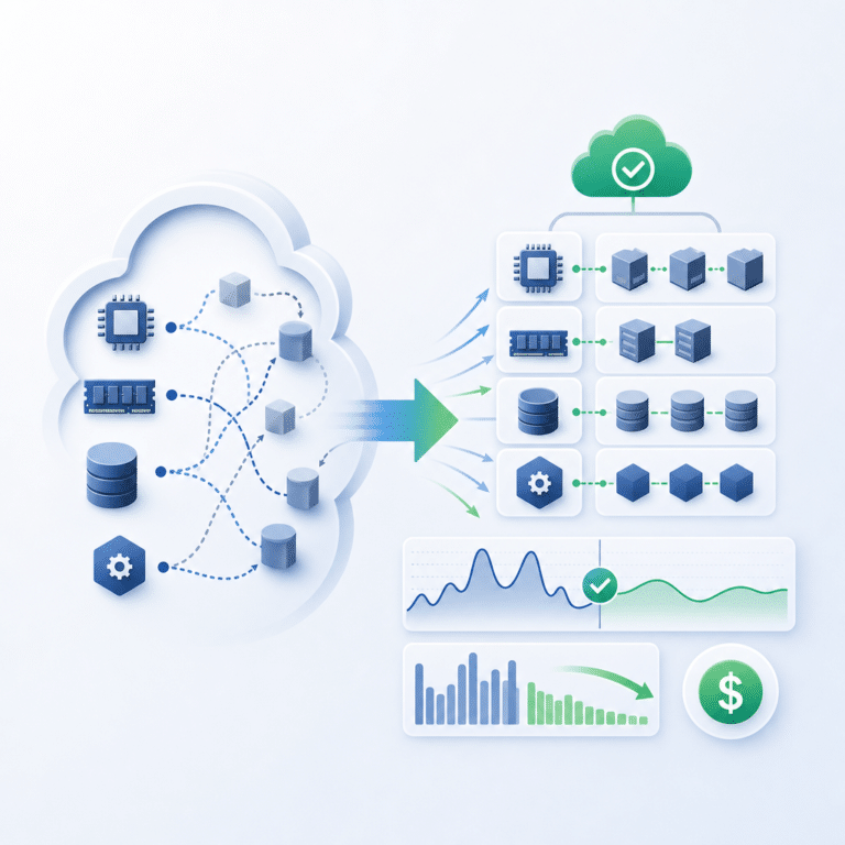 Illustration schématique montrant des ressources cloud (CPU, RAM, stockage, services managés) réparties dans un nuage stylisé, avec des flèches indiquant les flux d'optimisation FinOps, des courbes de charge pour représenter pics et creux d'activité, et des éléments distincts matérialisant la rationalisation des clusters et la suppression du sur-provisionnement.