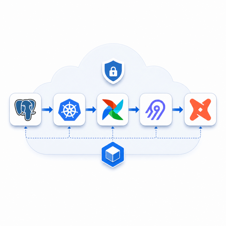 Schéma d’une architecture data moderne montrant l'intégration de composants open source majeurs comme PostgreSQL, Kubernetes, Airflow, Airbyte et dbt, reliés entre eux par des flèches, illustrant un pipeline automatisé sur une infrastructure cloud.