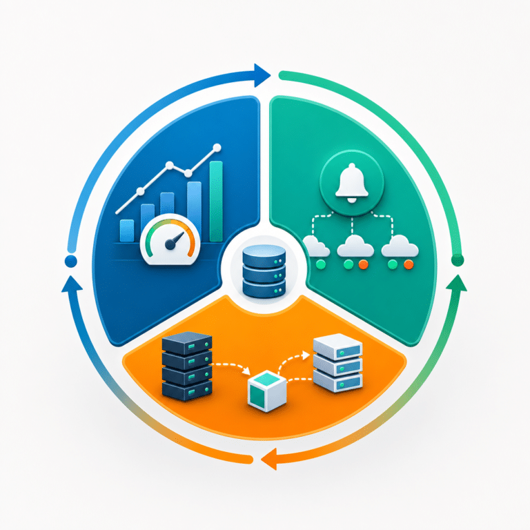 Illustration du processus FinOps appliqué à la data, montrant le suivi des dépenses, l’automatisation des alertes, et la réallocation intelligente des ressources, symbolisé par des diagrammes circulaires, des icônes dynamiques et des interactions entre équipes IT, Data et Finance, sans aucune représentation humaine.