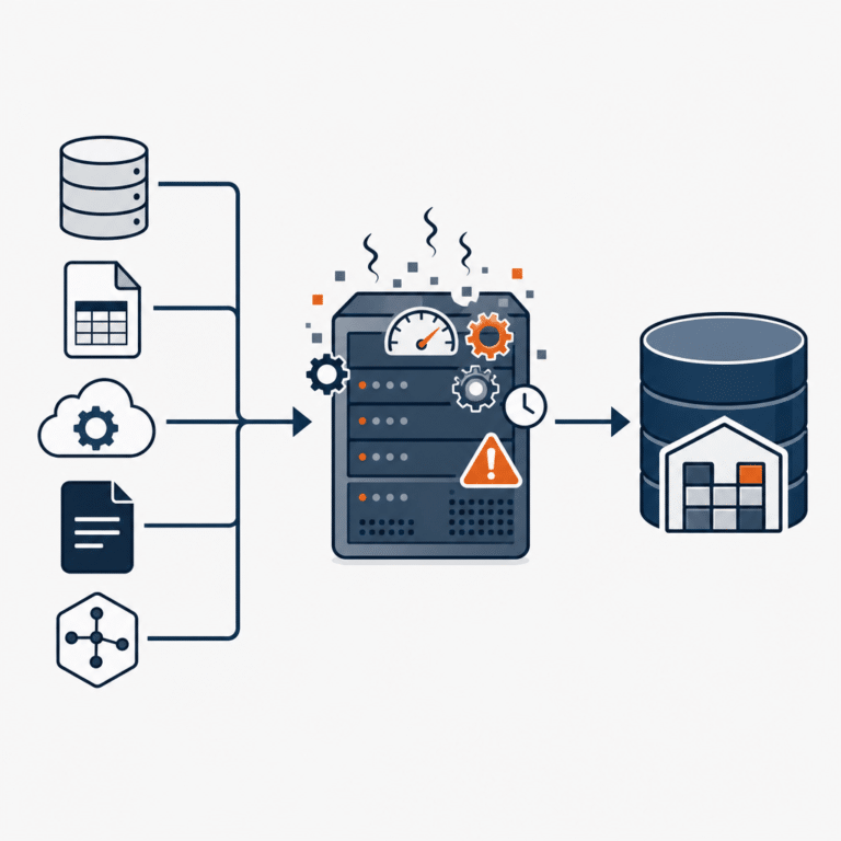 Schéma épuré représentant une architecture ETL traditionnelle avec des flèches linéaires reliant des sources de données, une étape de transformation sur serveur intermédiaire, puis un entrepôt de données, illustrant la complexité et les goulets d'étranglement des ETL historiques dans un contexte B2B data.