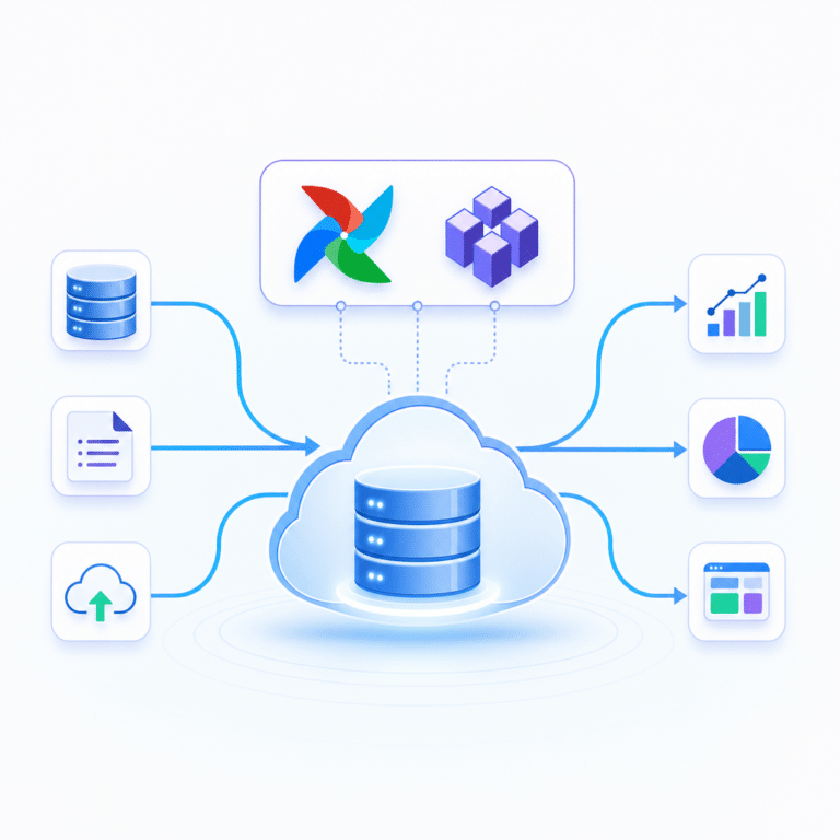 Schéma explicite illustrant une architecture de plateforme data open source moderne type ELT avec au centre un data warehouse cloud, des flux provenant de sources multiples chargés directement, et des modules open source tels qu’Airflow et dbt orchestrant et transformant les données, symbolisant la modularité et la scalabilité.