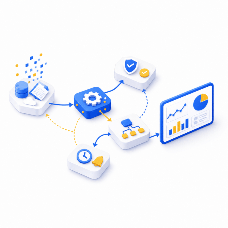 Diagramme simplifié d’un pipeline de données automatisé et orchestré, montrant des blocs connectés avec contrôle qualité, triggers et automatisation, illustrant la nouvelle gouvernance et l’agilité des architectures data ELT/DLT open source.