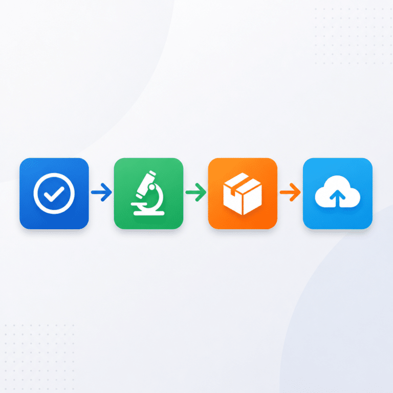 Illustration montrant une chaîne CI/CD automatisée adaptée à la data open source, avec des icônes stylisées de validation, tests, packaging et déploiement, reliées en séquence, mettant en valeur l’automatisation du cycle de vie data et la fiabilité dans un environnement professionnel.