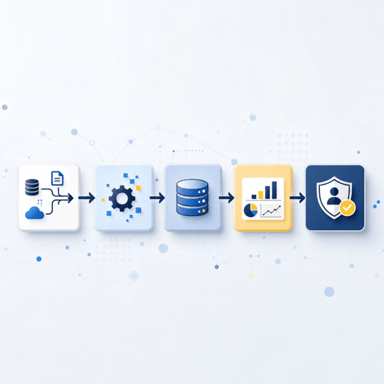 Schéma simplifié illustrant une architecture data open source modulaire avec des composants alignés représentant ingestion, transformation, stockage, BI, et gouvernance, reliés par des lignes claires et facilement identifiables.