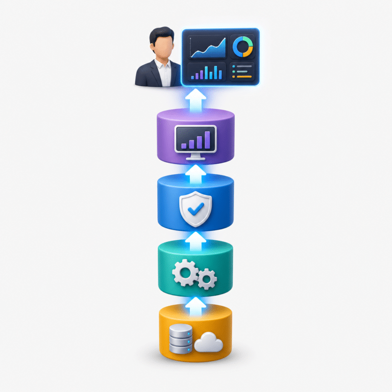Diagramme visuel représentant un pipeline automatisé de traitement de données pour ETI, illustrant les étapes de collecte, transformation automatisée, contrôle qualité, et restitution de la donnée à l’utilisateur métier, avec une organisation verticale fluide et une mise en scène moderne.