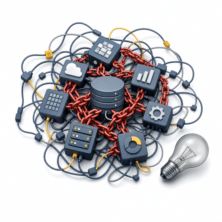 Schéma visuel représentant l'enchevêtrement d'une architecture data complexe, montrant des éléments techniques imbriqués, des chaînes de données et des symboles de dette technique, illustrant la difficulté de maintenance dans un environnement professionnel.