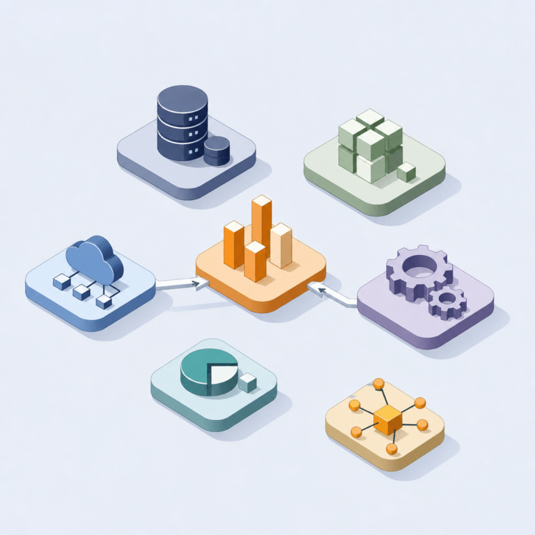 Illustration montrant un écosystème d’outils data disparates formant des îlots séparés, reliés par des connexions limitées, illustrant le risque de silos techniques lié à de mauvais choix d’outils dans les architectures data open source.