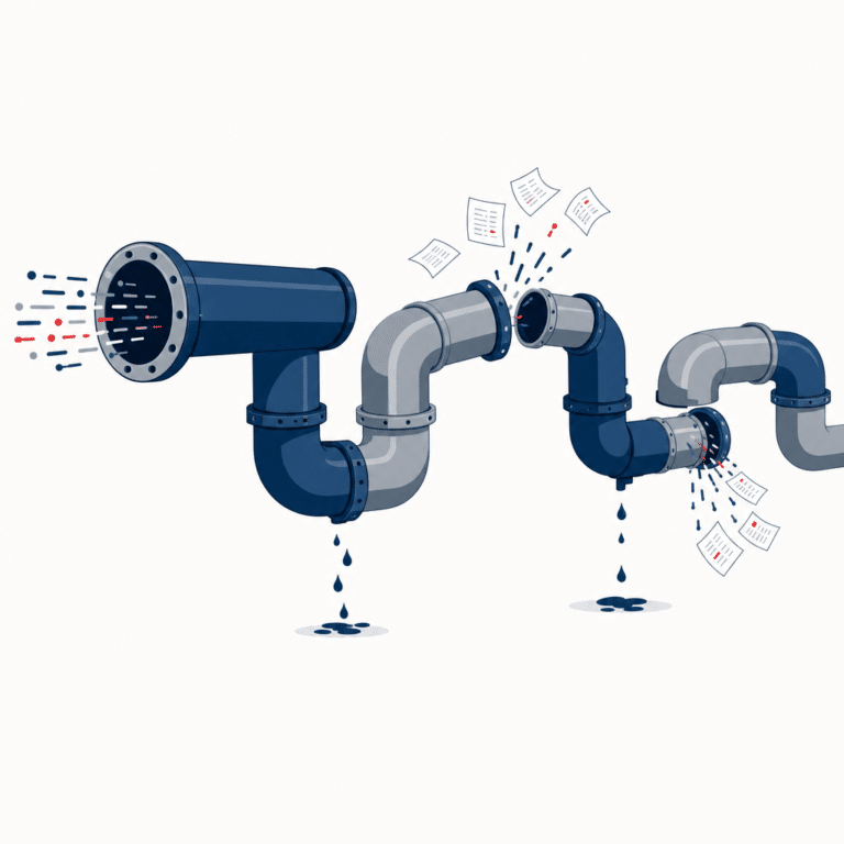 Visuel épuré représentant un pipeline de données fragmenté, composé de sections maladroitement assemblées, avec des tuyaux fuyards, des scripts non versionnés représentés par des feuilles volantes, symbolisant une dette technique accumulée difficile à maintenir.