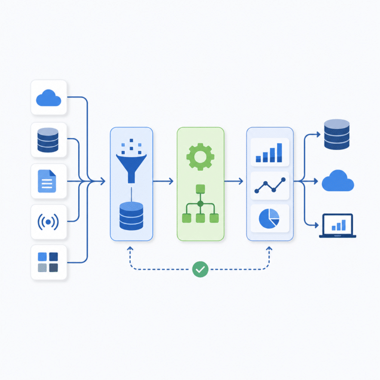 Illustration représentant une architecture modulaire d’une plateforme analytics 100% open source, avec des blocs distincts pour la collecte, la transformation et l’analyse de données, illustrant l’ouverture, l’interopérabilité et la flexibilité des composants, dans un style schématique professionnel et épuré adapté au secteur B2B Data.