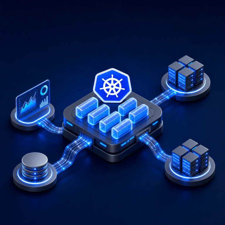 Illustration stylisée montrant l’orchestration de déploiements de containers sur un cluster Kubernetes, incluant un flux de données traversant différentes applications conteneurisées, dans un style graphique professionnel à fort contraste, adaptée à un contexte d’ingénierie data B2B.