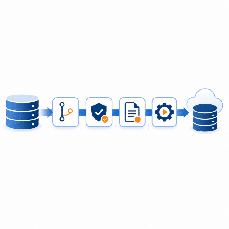Représentation visuelle claire d’un pipeline data moderne intégrant le versionning, les tests et la documentation avec dbt, automatisé par une chaîne GitOps, montrant le flux continuel depuis la modification jusqu’au déploiement, dans un style graphique très lisible et sobre.