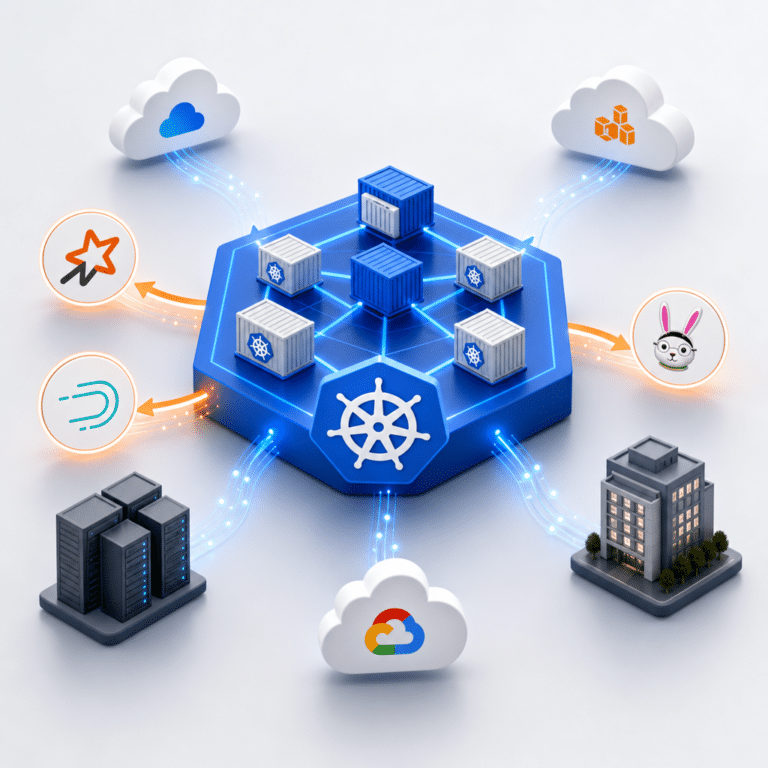 Schéma clair illustrant une architecture data cloud native utilisant Kubernetes pour orchestrer des composants comme Spark, Trino ou Druid, présentant des clusters de containers interconnectés sur différents environnements cloud et on-premises.