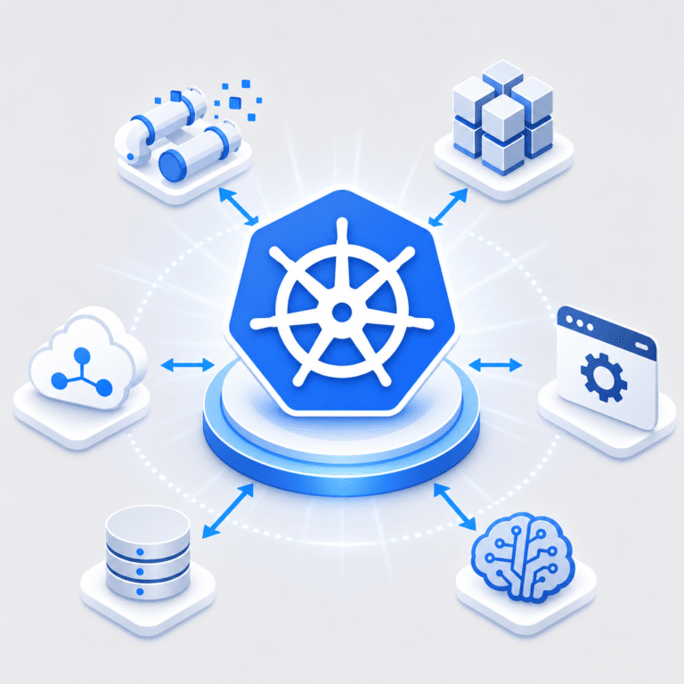 Diagramme illustrant l’orchestration centralisée de multiples traitements data comme des pipelines ETL, jobs batch, applications d’IA et API répartis autour d’un cœur Kubernetes, montrant l’automatisation des défaillances, du scaling et du déploiement de pipelines.
