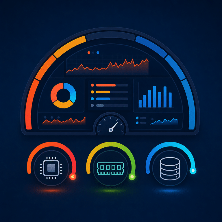 Illustration montrant un tableau de bord de monitoring stylisé affichant des métriques systèmes et analytiques en temps réel pour une stack data sous Kubernetes, avec des éléments graphiques rappelant Prometheus et Grafana mais sans texte.