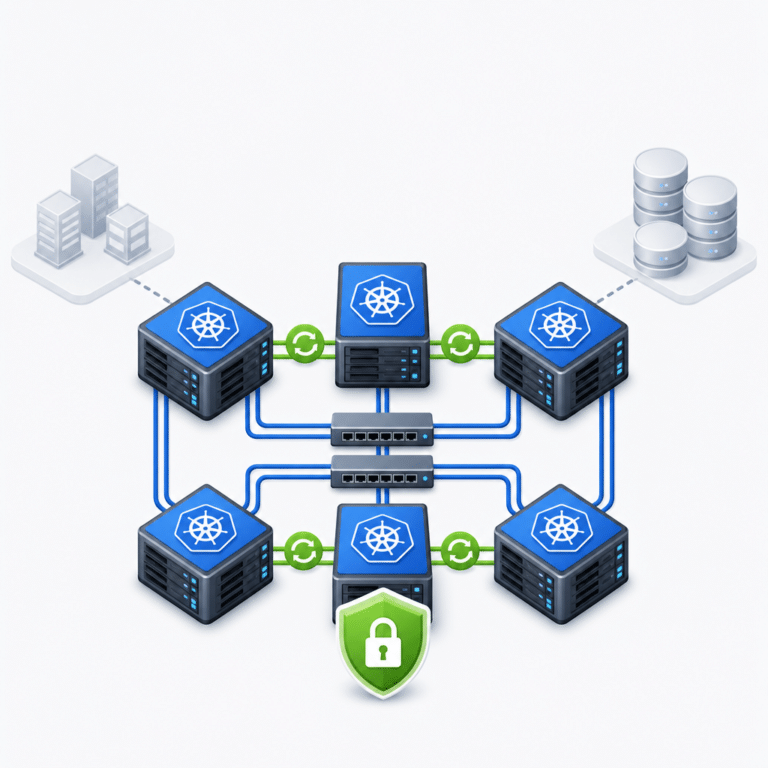 Illustration schématique montrant un cluster Kubernetes on-premise avec plusieurs serveurs interconnectés, réseau redondant, et intégration de systèmes existants pour représenter la résilience, la sécurité et la souveraineté des données dans un environnement professionnel.