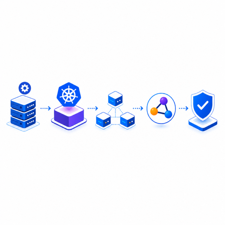 Diagramme étape par étape illustrant le workflow d’installation d’un cluster Kubernetes haute disponibilité avec kubeadm, montrant des serveurs, le control plane, les nœuds workers, la configuration réseau, et l’ajout de solutions open source comme Calico ou Flannel.