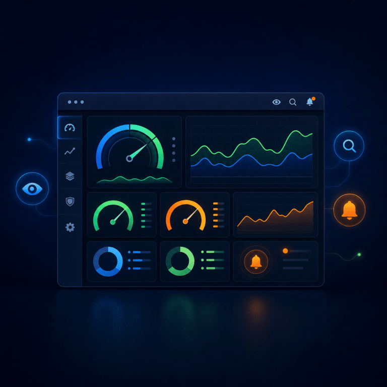Visualisation stylisée d’un dashboard open source avec indicateurs de métriques système, graphiques de monitoring et alertes, évoquant la surveillance pro-active d’un cluster Kubernetes en production, adaptée au contexte B2B data.