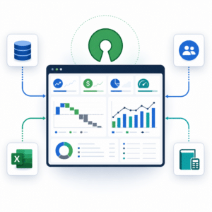 Schéma d’un tableau de bord financier open source connecté à des sources de données multiples