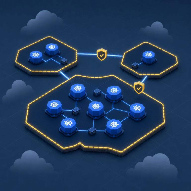 Schéma illustrant la segmentation réseau dans un cluster Kubernetes grâce à Calico, mettant en avant plusieurs pods et microservices séparés en zones distinctes reliées par des lignes de flux, chaque zone représentant des couches de sécurité réseau différentes.