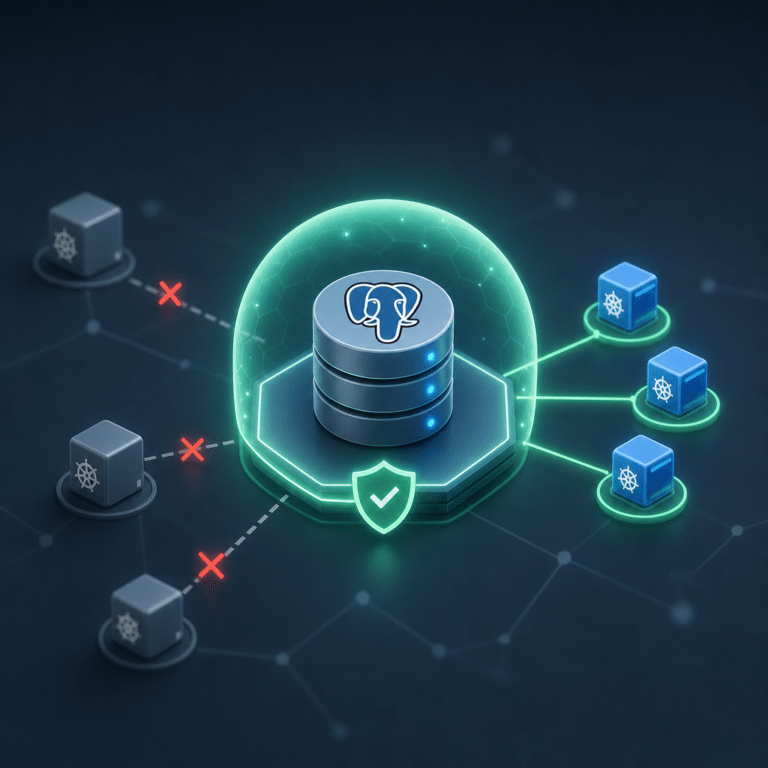 Illustration montrant une base de données PostgreSQL dans un environnement Kubernetes avec une NetworkPolicy qui restreint l’accès à cette base depuis un namespace d’analyse, mettant en avant le filtrage des flux réseau.