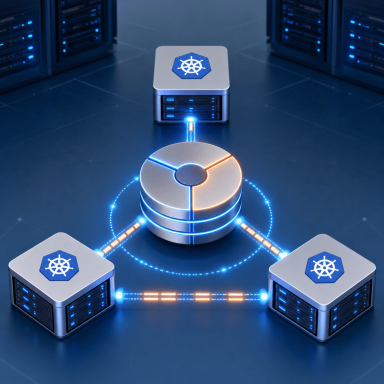 Schéma illustrant une architecture de stockage distribué Longhorn intégré à un cluster Kubernetes avec des volumes persistants répliqués sur plusieurs nœuds, chaque nœud représentant le stockage local, point de faille toléré, sur fond technique épuré.