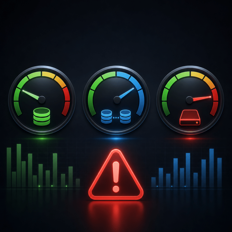 Illustration d’un tableau de bord analytique inspiré de Grafana ou Prometheus, affichant des indicateurs visuels de santé des volumes, de réplication, d’espace disque et d’alertes systèmes sur fond sombre, sans aucun texte.