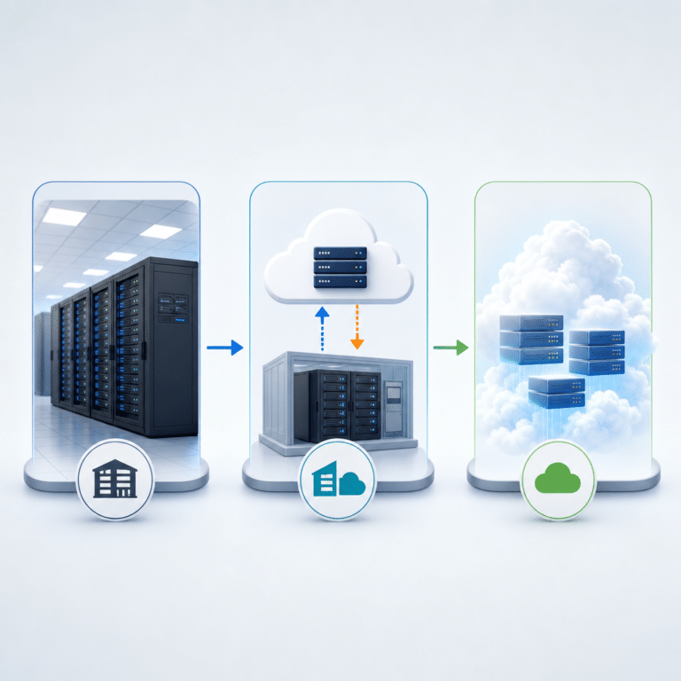Illustration schématique professionnelle montrant trois architectures de plateforme data distinctes : une architecture cloud avec symboles de serveurs distants dans un nuage, une architecture on-premise avec serveurs physiques en salle de datacenter, et une architecture hybride les reliant avec de simples flèches, chaque modèle clairement séparé par des lignes ou des zones, mettant en évidence la notion de choix et d’équilibre entre contrôle, flexibilité et sécurité, ambiance sobre et moderne, couleurs neutres à dominance bleue et grise, contraste élevé, composition épurée avec chaque modèle occupant un tiers de l’image, aucun texte, aucun label, illustration parfaitement lisible à petite taille, les éléments importants bien centrés et espacés pour être intégrés à un article professionnel B2B Data, BI ou IA.
