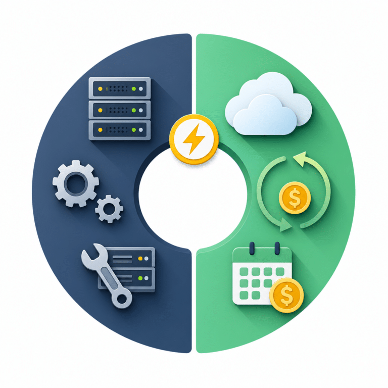 Diagramme en anneau professionnel présentant les différents coûts d’une plateforme data, avec deux segments principaux contrastés : investissements initiaux on-premise (matériel, maintenance) versus récurrence des paiements cloud, visualisé sous forme de blocs imbriqués ou de flux monétaires stylisés, chaque type de coût mis en valeur sans aucun texte, monnaie ou chiffres, ambiance moderne, palette de couleurs sobres et équilibrées, zone centrale libre pour l’espace négatif.