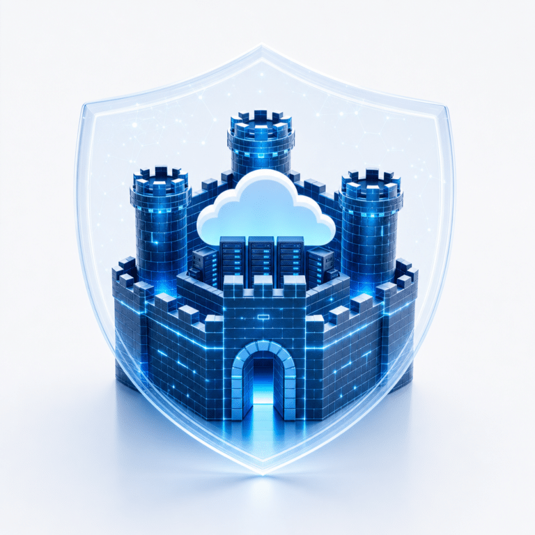 Illustration symbolique montrant une forteresse numérique stylisée entourée d’un bouclier transparent, à l’intérieur un nuage de données et des serveurs, évoquant la protection des données sensibles et la souveraineté, ambiance high-tech, bleu profond et blanc, contraste marqué, composition centrée et aérée.