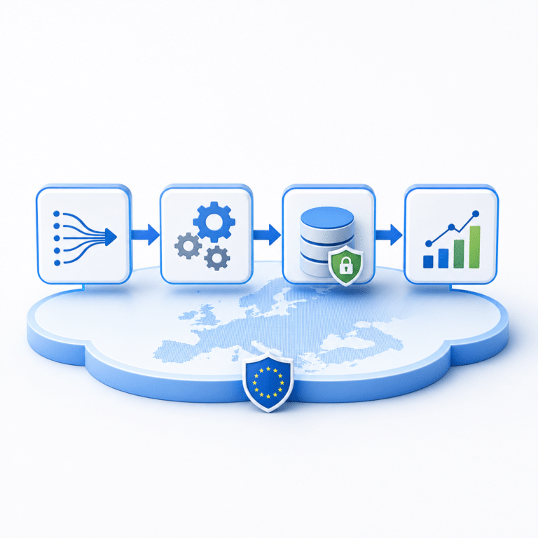 Schéma simplifié d’une architecture data souveraine illustrant le flux des données entre les composants principaux, incluant des icônes stylisées pour les solutions open source et le cloud souverain, mettant en avant l’ingestion, la transformation, le stockage et la restitution des données sur une infrastructure localisée en France ou Europe.